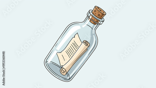 Classic message in a bottle illustration with a scrolled paper letter inside a glass bottle corked with a stopper.