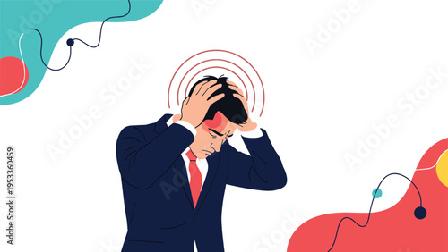 Businessman suffering from a severe headache or stress holding his head with painful red area highlighted.