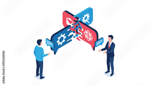 Isometric business communication and collaboration concept with two men talking via speech bubbles containing gears.