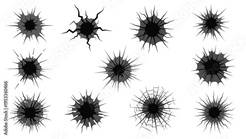 Set of eleven black bullet hole and glass crack impact patterns on white background for design and action effects.