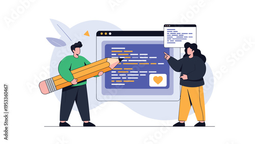 Software development and coding review concept showing two people using a large pencil to edit code on a monitor.