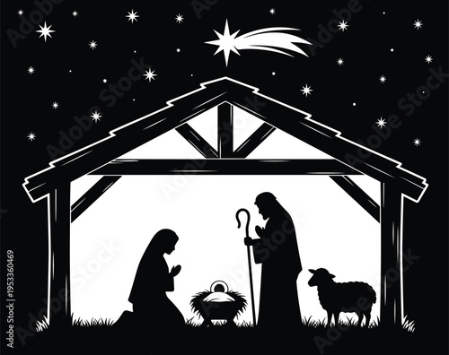 Silhouette illustration of nativity scene with stable, baby in manger, kneeling and standing figures, sheep, and shining Bethlehem star in night sky