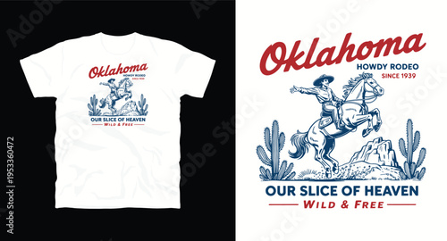 Oklahoma howdy rodeo t-shirt design with cowboy riding a bucking horse and desert landscape