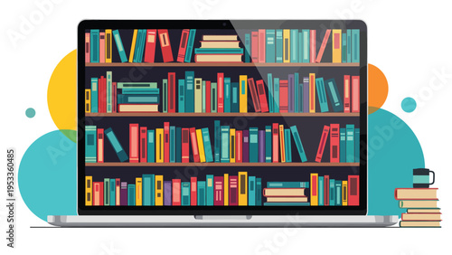 Digital education and online library concept with laptop screen acting as a bookshelf filled with colorful books.
