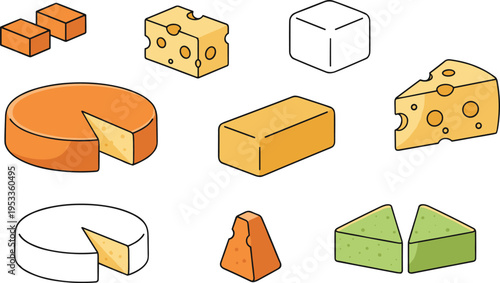 Vector illustration of assorted cheeses including Swiss, cheddar, wheels, wedges, and blocks with distinct colors and textures