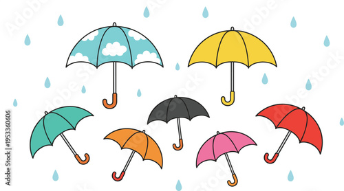 Vector illustration of colorful umbrellas with raindrops in playful design representing weather, rain, and seasons