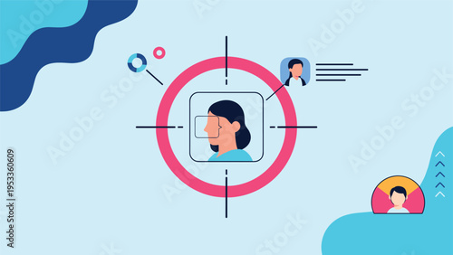 Facial recognition and biometric security technology concept showing a woman head profile in a digital scanning frame.