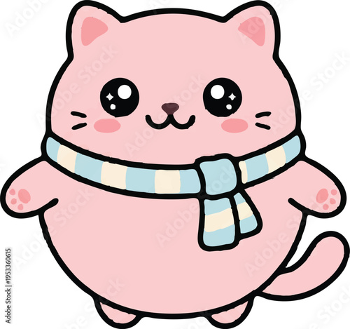Cat chubby cat illustration with blue scarf, kawaii kitten vector character