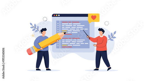 Software development and collaborative code review showing two professional developers working together on screen.