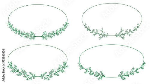 Set of four decorative oval frames featuring delicate green leaves and botanical illustrations on white background.