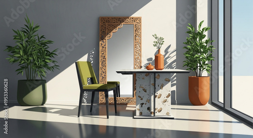 Modern interior with green chair marble table plants and wicker mirror near sunny window