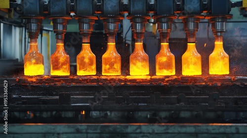 Glass bottles being formed in a factory with molten glass.