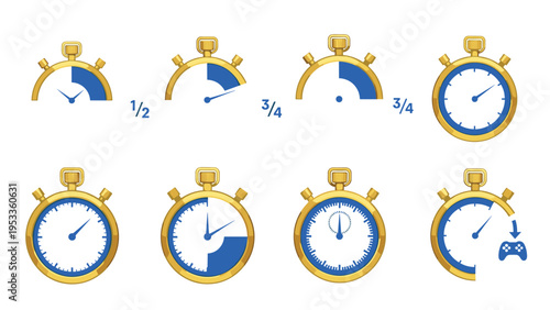 Collection of golden stopwatches showing various time passage increments for business planning and gaming rewards.