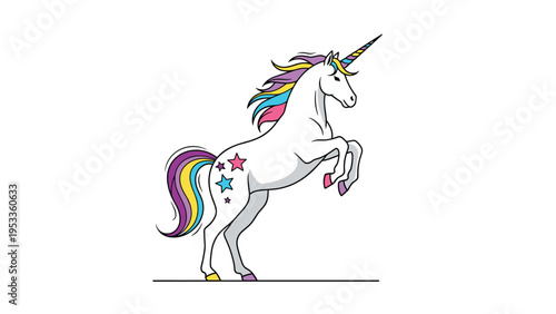 Magical white unicorn rearing up with a vibrant rainbow mane and tail decorated with colorful stars on its flank.