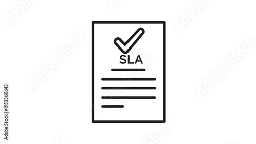 Line art icon featuring a document with "SLA" text and a checkmark, alongside multiple text lines, representing a completed Service Level Agreement.