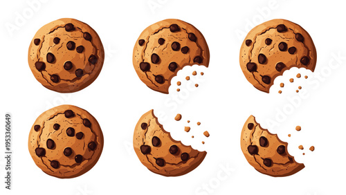 Delicious chocolate chip cookies displayed in different stages of being eaten with crumbs and bite marks showing.