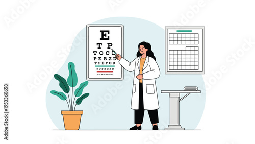 Professional female doctor in a white coat conducting an eye examination with a chart in a medical office setting.