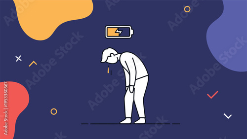 Exhausted man feeling burnt out with a low battery charging icon above his head against a dark blue background.