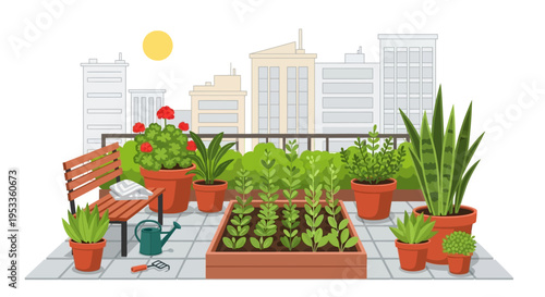 Illustration of an urban rooftop garden with plants, a raised bed, bench, and tools against a city skyline, depicting a green oasis for sustainable city living