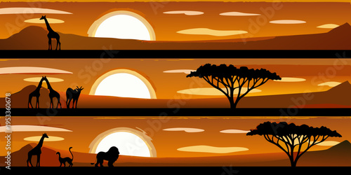 African savanna landscape with giraffes lions and a vibrant sunset