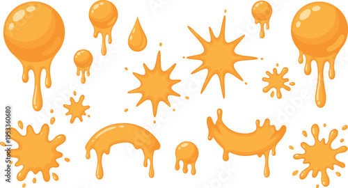 Vector illustration of orange liquid splashes and drips in glossy cartoon style for creative design projects