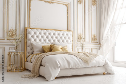 Luxurious bedroom interior with ornate gold accents and plush bedding.