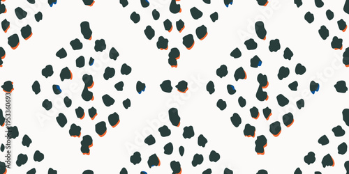 Abstract pattern of dark spots and coral accents on a light background
