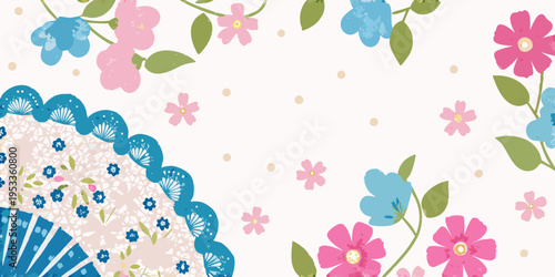 Floral pattern with a vintage fan and colorful blossoms