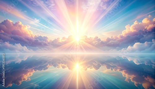 A breathtaking vista showcasing a brilliant sunburst radiating from the horizon above mirrored water, framed by clouds