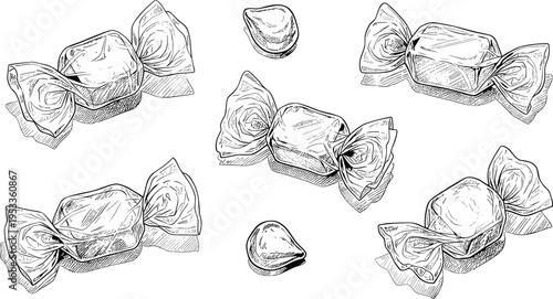 Vector illustration of sketch-style candies including wrapped sweets and unwrapped pieces with detailed shading