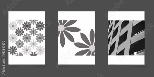 Three black and white panels featuring floral and architectural designs