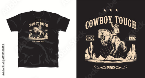 Cowboy tough since 1992 PBR t-shirt design with rodeo rider on bucking horse in desert landscape