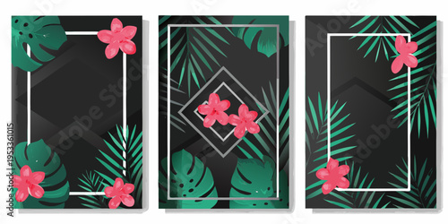 Tropical floral arrangements in three rectangular framed panels