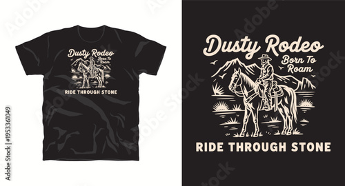 Dusty rodeo cowboy born to roam riding horse in black and white