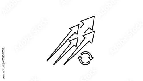 Line art icon showing four distinct upward-pointing arrows alongside a circular refresh symbol, representing continuous improvement and iterative growth.