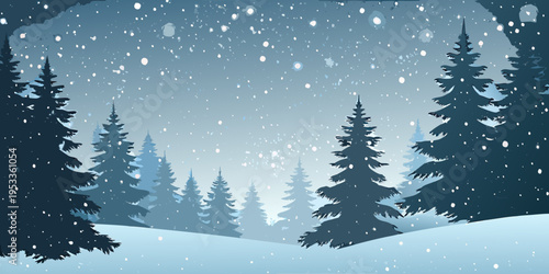 A serene winter landscape with snow falling among dark evergreen trees