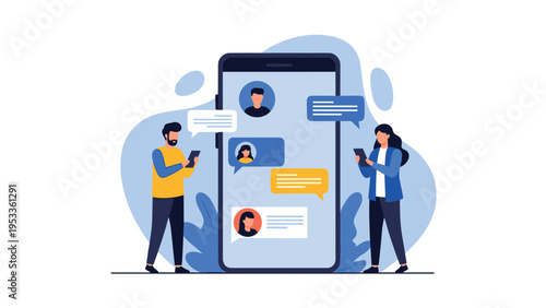 Two people interacting with a large smartphone screen showing various chat messages and user profiles in digital bubbles.