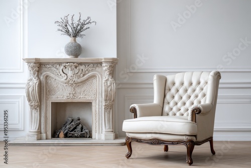 Elegant cream armchair beside ornate fireplace in a bright room.
