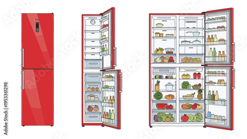 Three views of a modern red refrigerator showing the exterior design plus the interior storage shelves packed with fresh food and drinks.