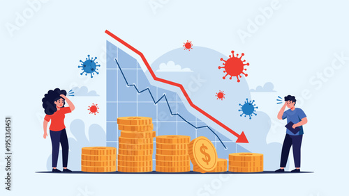 Worried people standing next to a falling financial line chart with virus symbols indicating economic recession.