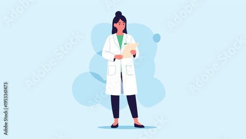 Confident female doctor wearing a white lab coat while holding a medical patient record or a clipboard folder.