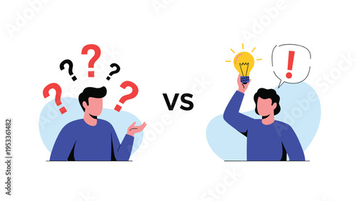 Comparison between a man feeling confused with question marks and a man finding an idea with a bright lightbulb.