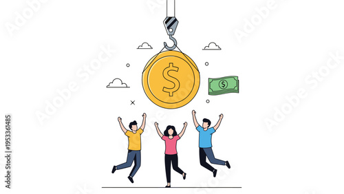 Excited people jumping for joy as a giant golden dollar coin is lowered from above by a large metal crane hook.