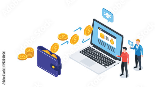 Digital payment process showing money transferring from a physical wallet to an online platform on a laptop with business people.