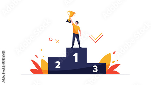 Successful individual standing on the first place position of a victory podium while holding a gold trophy high in the air.