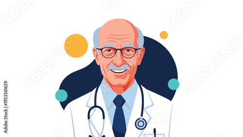 Portrait of a smiling senior male doctor with glasses and a stethoscope around his neck set against a decorative background.