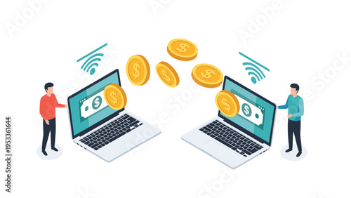 Two people managing a wireless money transfer between laptops representing digital banking and online financial transactions.