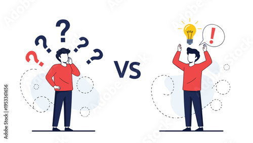 Comparison of a person feeling confused with many question marks versus a person having a brilliant idea with a glowing lightbulb.