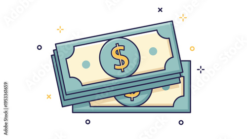 Detailed illustration of two stacks of paper money with dollar signs representing cash, wealth, and financial savings.