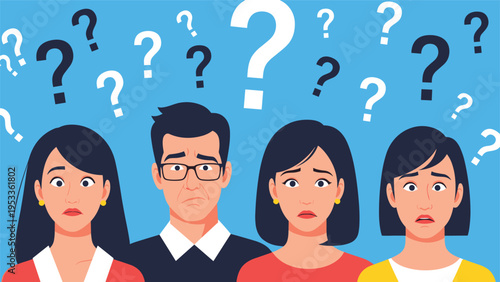 Group of diverse people looking worried and confused with many question marks above their heads against a blue background.